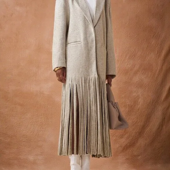 Light Grey Casual Women's Long Sleeves Fringed Hem Tweed Coat - Picture 6 of 8